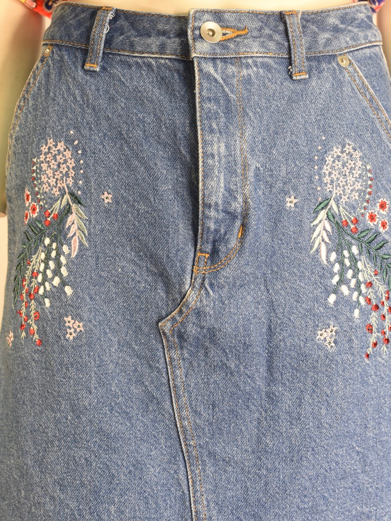 Floral Embroidery Denim Skirt
