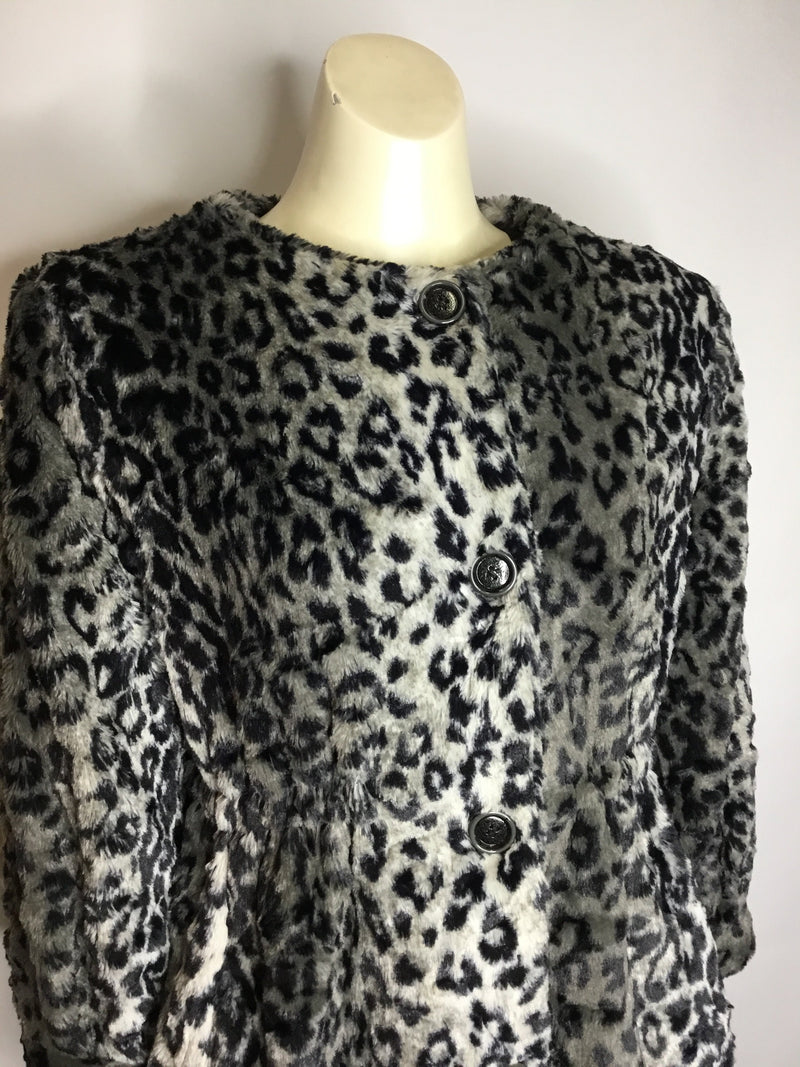Grey Tone Leopard Print Faux Fur Coat